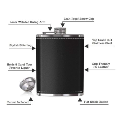 Flasque de poche / Bouteille de poche en acier inoxydable avec étui en cuir noir 240ml